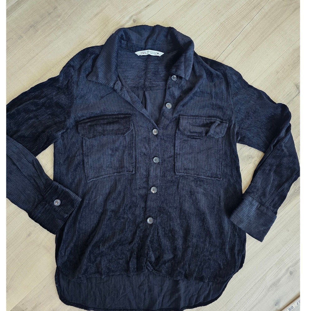 Zara Womens Black Ribbed Corduroy Viscose Button Down Shirt Jacket Medium M